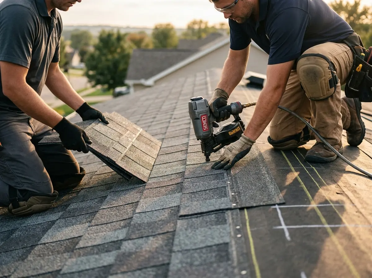 Professional roofer working on a residential roof in Matthews